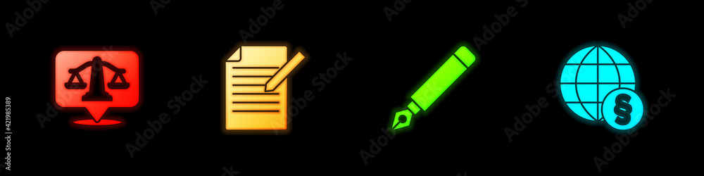 Set Scales of justice, Document and pen, Fountain nib and International law icon. Vector Set Scales of justice, Document and pen, Fountain nib and International law icon. Vector