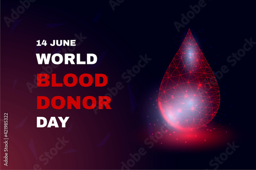 World blood donors day concept. Banner template with glowing low poly. Futuristic modern abstract. Isolated on dark background. Vector illustration.