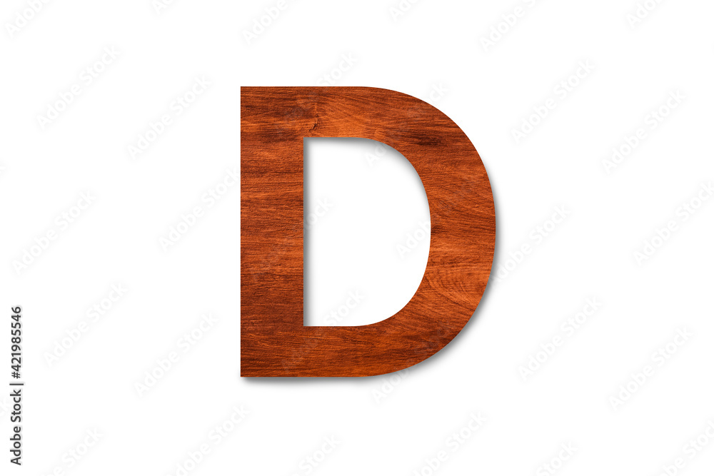 Modern wooden alphabet letter D isolated on white background with clipping path for design Modern wooden alphabet letter D isolated on white background with clipping path for design