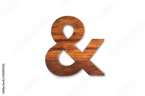 Single wooden texture ampersand sign isolated on white background. Clipping path for design