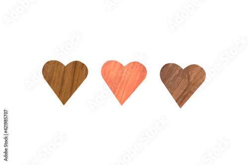 Three wooden heart shape isolated on white background. Clipping path for design