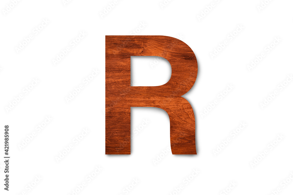 Modern wooden alphabet letter R isolated on white background with clipping path for design Modern wooden alphabet letter R isolated on white background with clipping path for design