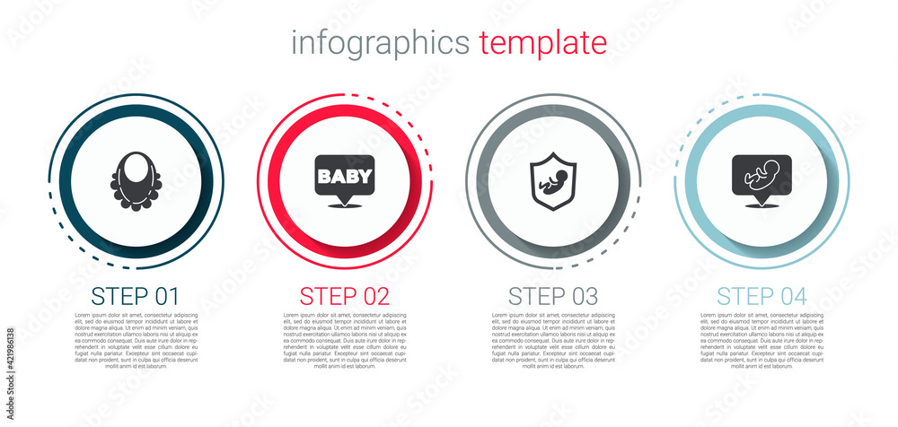 Fototapeta premium Set Baby bib, , on shield and . Business infographic template. Vector
