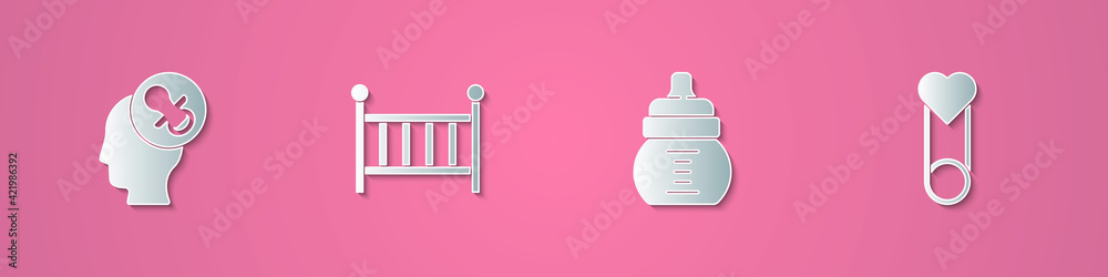 Set paper cut Baby dummy pacifier, crib cradle, bottle and clothes pin icon. Paper art style. Vector Set paper cut Baby dummy pacifier, crib cradle, bottle and clothes pin icon. Paper art style. Vector