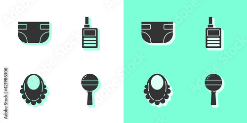 Set Rattle baby toy, Baby absorbent diaper, bib and Monitor Walkie Talkie icon. Vector