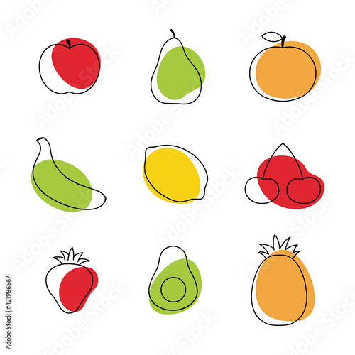 Fruit and berries in the style of doodle. A linear drawing with healthy fruits.