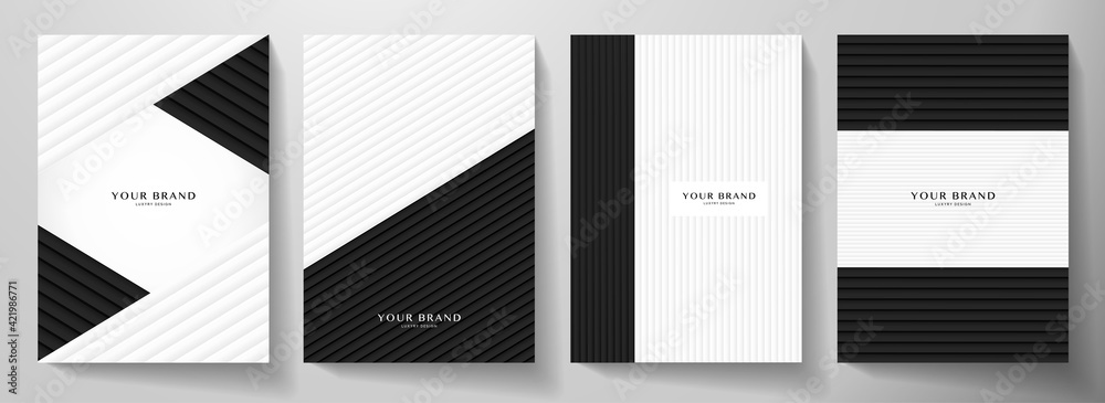 Modern black, white cover design set. Creative abstract with diagonal dynamic line pattern (stripe) on background. Premium vector collection for business brochure, catalog template, booklet layout - obrazy, fototapety, plakaty 