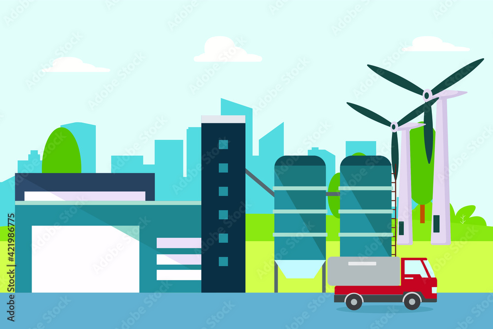 Renewable energy vector concept. Hydrogen energy and windmill giving energy resource to the modern city