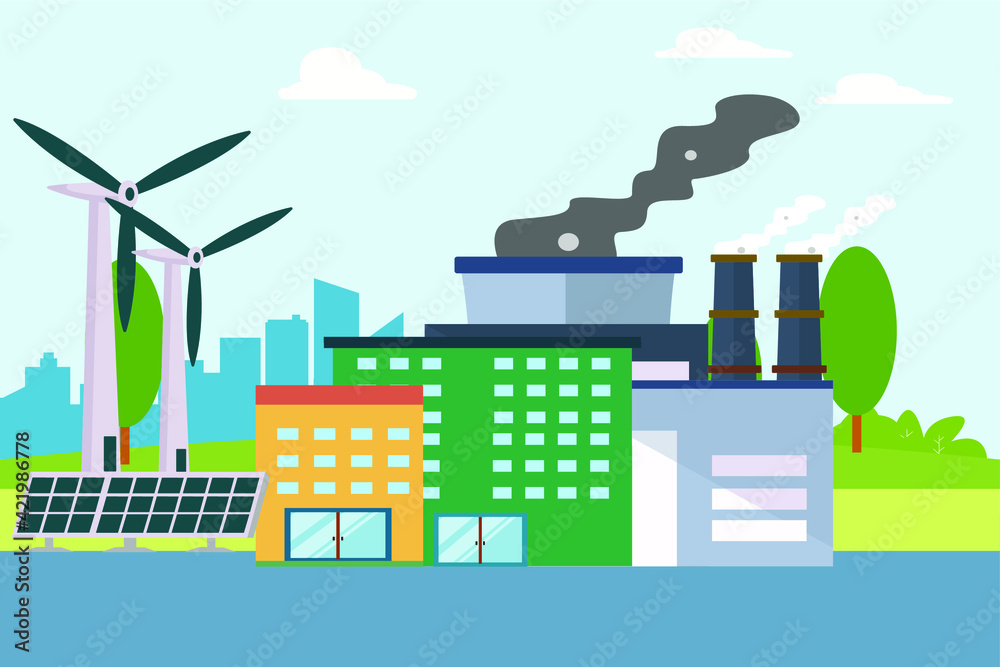 Solar panel and windmill turbine giving energy resource to the modern city. Renewable energy vector concept