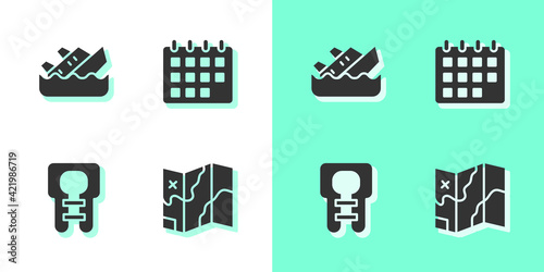 Set Folded map, Sinking cruise ship, Life jacket and Calendar icon. Vector