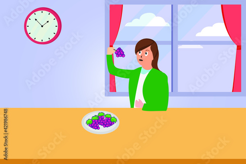 Healthy lifestyle vector concept: Healthy young woman eating grapes while sitting near the window at home