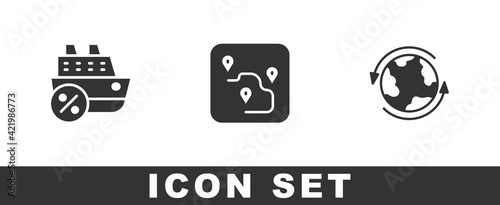 Set Cruise ship, Route location and Worldwide icon. Vector