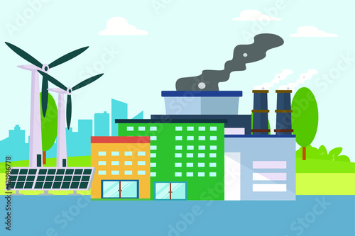 Solar panel and windmill turbine giving energy resource to the modern city. Renewable energy vector concept