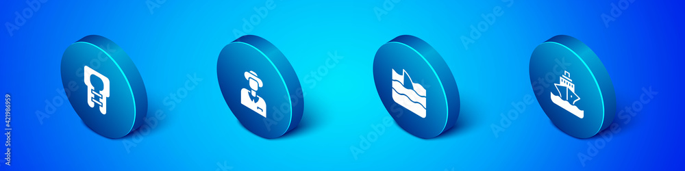 Set Isometric Life jacket, Shark fin in ocean wave, Cruise ship and Tourist icon. Vector Set Isometric Life jacket, Shark fin in ocean wave, Cruise ship and Tourist icon. Vector