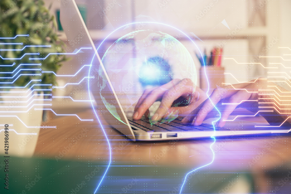 Double exposure of woman hands working on computer and brain hologram drawing. Ai concept. Double exposure of woman hands working on computer and brain hologram drawing. Ai concept.