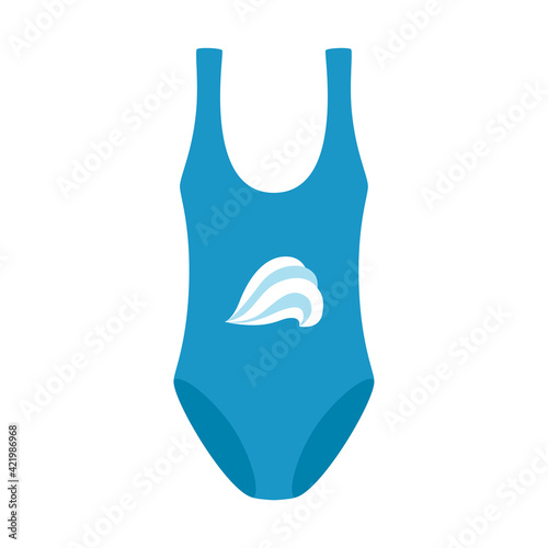 Blue solid closed swimsuit with sea waves on the chest. Women's summer, beachwear for sunbathing, swimming, water aerobics. Vector illustration in a flat style. Isolated on white.