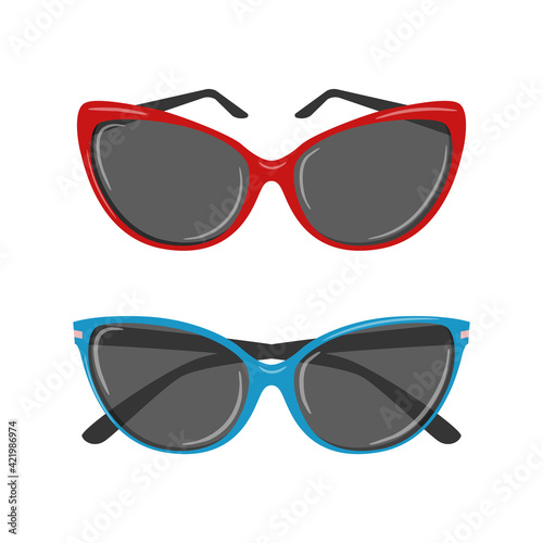 Women's sunglasses. A personal, fashion accessory. Decorative element for vacation, summer, beach, holidays. Flat color vector illustration. Isolated on a white background.