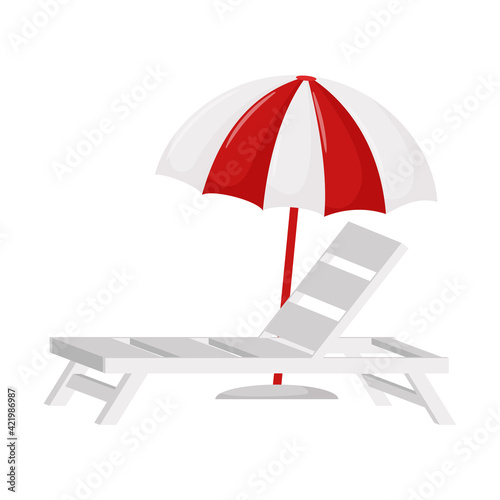 White beach sunbed and sun umbrella. A symbol of summer. A design element for vacation, summer, beach, holidays. Flat color vector illustration. Isolated on a white background.