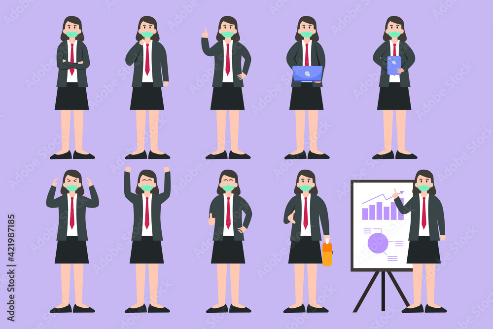 Businesswoman working poses vector concept: Set of female manager characters working poses while wearing face mask Businesswoman working poses vector concept: Set of female manager characters working poses while wearing face mask