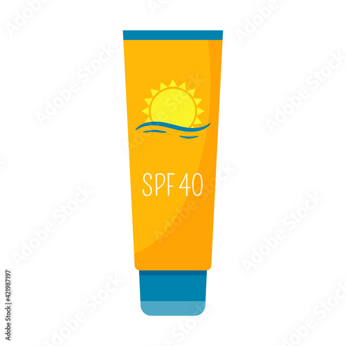 Sunscreen. Cosmetics for protection from sunburn. Cream in a tube with a lid. Decorative element for summer beach holidays, vacations. Flat color vector illustration. Isolated on white.