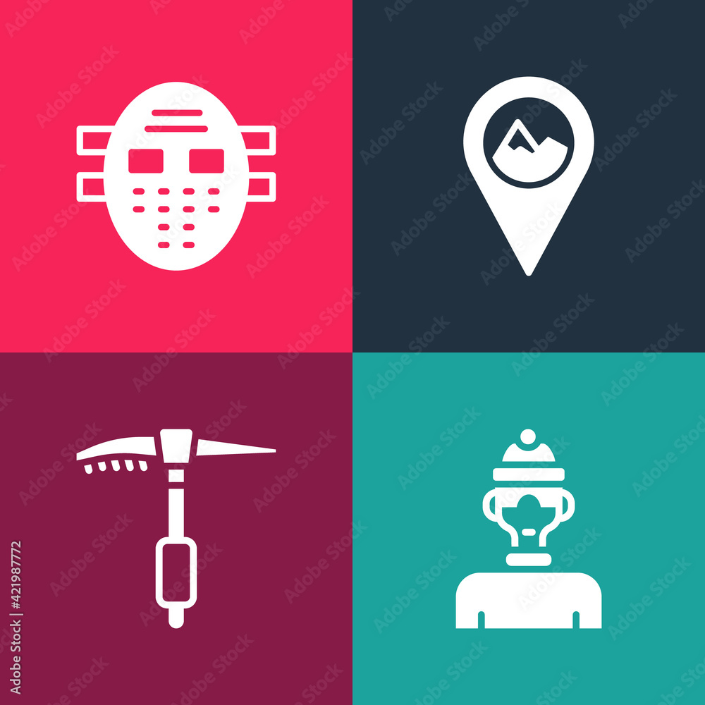 Set pop art Winter athlete, Ice axe, Location with mountain and Hockey mask icon. Vector