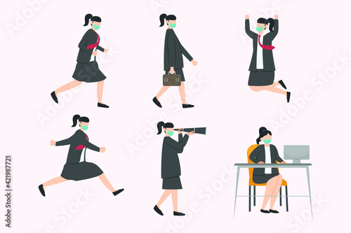 Businessman working poses vector concept: Set of businesswoman characters working poses while wearing face mask