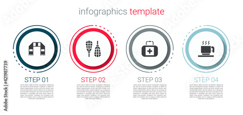 Set Winter scarf, Snowshoes, First aid kit and Hot chocolate cup. Business infographic template. Vector