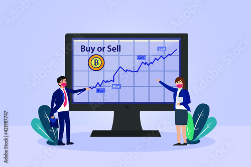 Cryptocurrency vector concept. Two business people wearing face mask while looking at the cryptocurrency rate graph with sell and buy indicator on computer screen