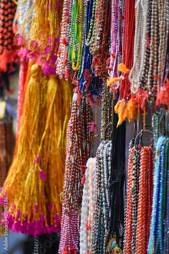 selected focused view of pious Beads Mala in Haridwar, India © Singh_Ramana