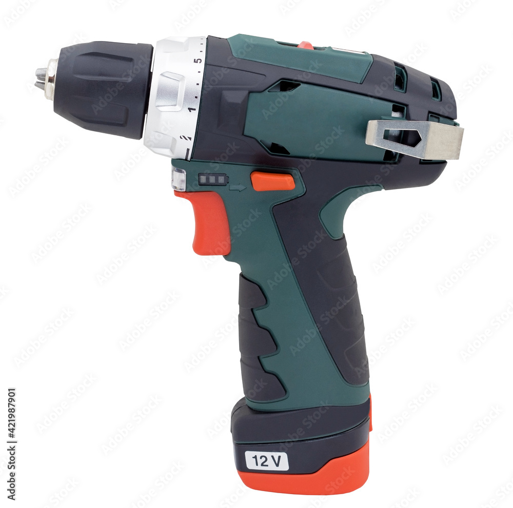 modern cordless drill on a white modern cordless drill on a white
