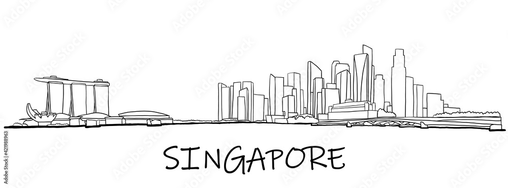 Singapore skyline freehand drawing sketch on white background.