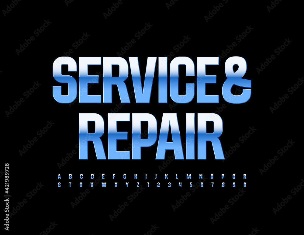 Vector business logo Service and Repair. Modern glossy Font. Blue steel Alphabet Letters and Numbers