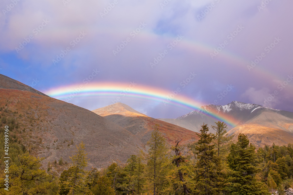 Beautiful rainbow in the mountains. Rain clouds.