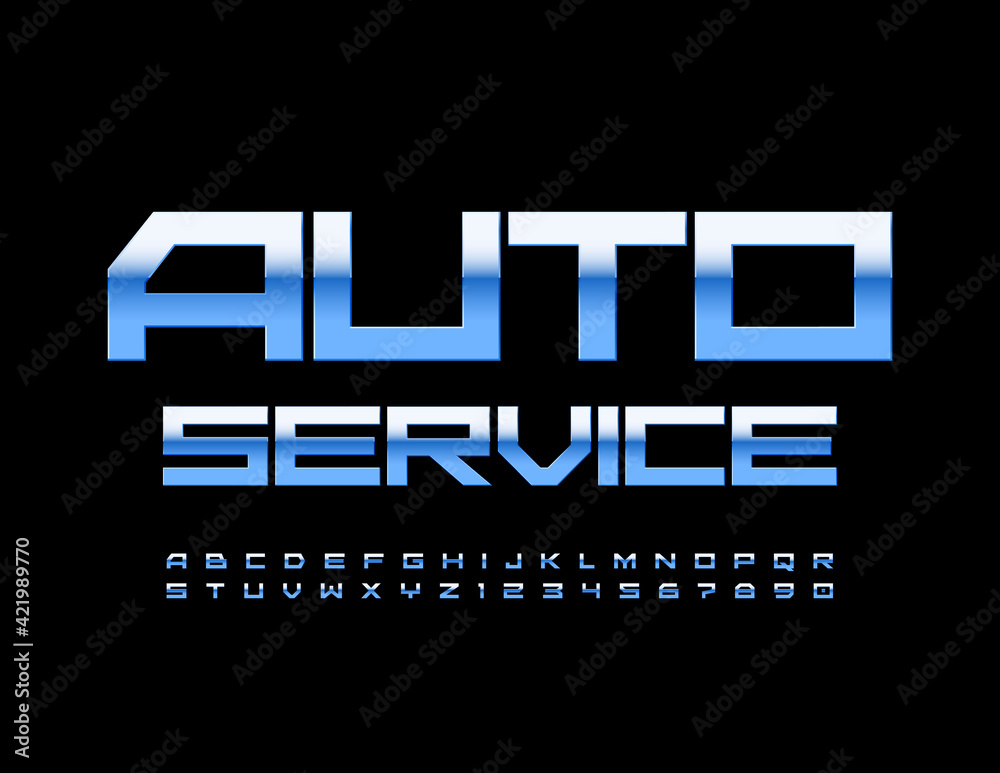 Obraz premium Vector modern logo Auto Service. Blue metal Font. Techno style Alphabet Letters and Numbers set