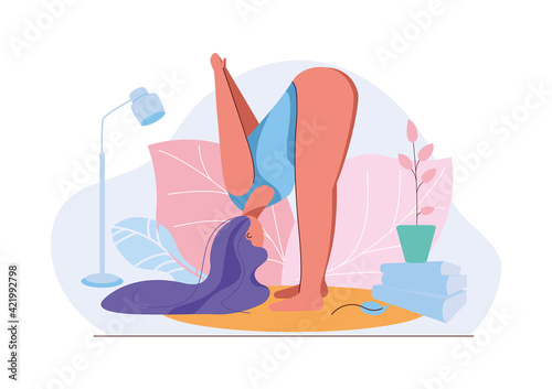 illustration of international yoga day,21 june- yoga body posture, Woman practicing yoga.vector illustration.-Vector