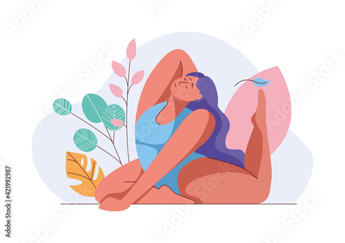 illustration of international yoga day,21 june- yoga body posture, Woman practicing yoga.vector illustration.-Vector