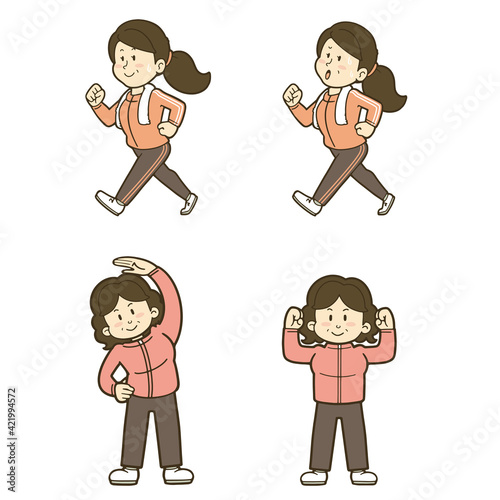 運動する元気な中年女性のイラストセット