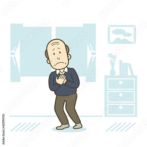 室内で苦しそうに胸を押さえるシニア男性のイラスト