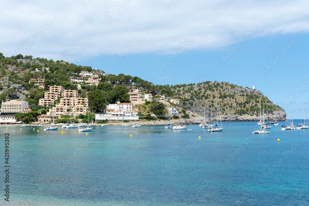 Spain. Majorca. Port of Soller. View of the yachts standing in the bay	