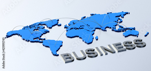 Metallic word business with blue connecting world map. 3d illustration. 