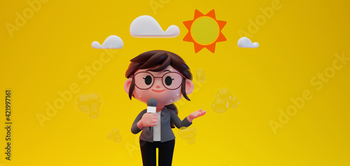 Photos 3D render illustration of cute  Weather Forecast Women Reporter character wearin