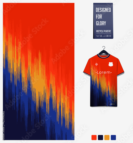 Soccer jersey pattern design.  Abstract pattern on orange background for soccer kit, football kit or sports uniform. T-shirt mockup template. Fabric pattern. Sport background. 