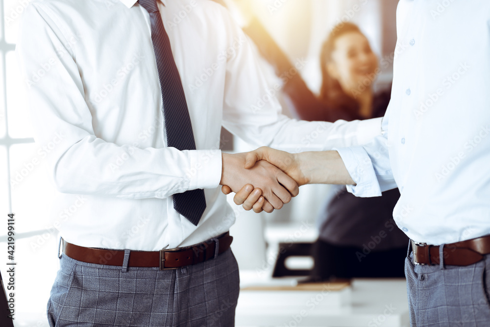 Fototapeta premium Two businessmen shaking hands in sunny office, close-up. Happy and excited business woman stands with raising hands at the background. Business people concept