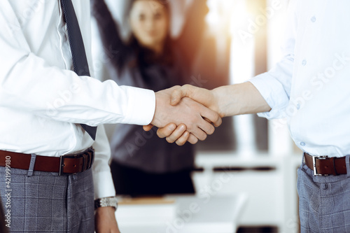 Two businessmen shaking hands in sunny office, close-up. Happy and excited business woman stands with raising hands at the background. Business people concept © Iryna