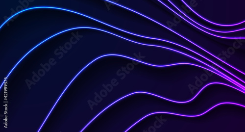 Blue and purple neon glowing smooth wavy lines abstract background. Technology luminous vector design