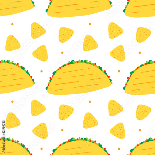 Colorful mexican food vector seamless pattern background with tacos and nacho chips. 