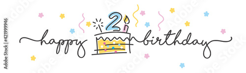 2nd Birthday handwritten typography lettering Greeting card with colorful big cake, sparkle firework, number, candle and confetti