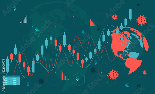 Market and stock market crash due to coronavirus. The Covid-19 virus hits the market. The impact of the epidemic on the global economy. Economic implications. Coronavirus and market vector image