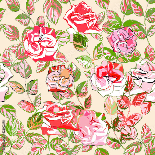Seamless pattern. Beautiful red-green leaves and sprigs of roses, lush flowers of roses. Champagne sails background. Endless vector illustration for print, etc.
