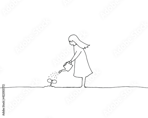 水やりをする少女　手描き線画イラスト